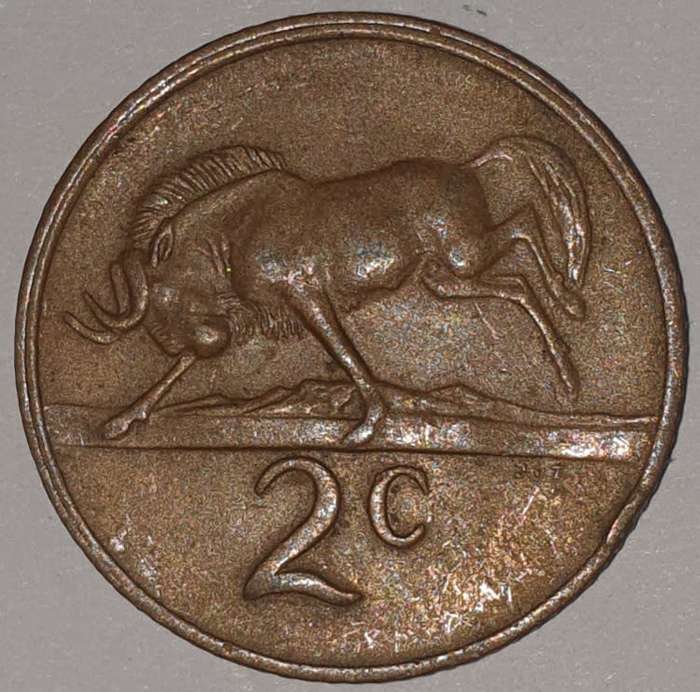 1975 - 2 CENT COIN (TWO CENT COIN) - RSA - BRONZE - KM#83 - BILINGUAL LEGEND - WILDEBEEST